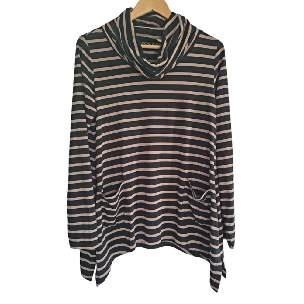 Venus Long Cowl Neck Assymetrical Hem Black and Taupe Stripe Tunic Size Small